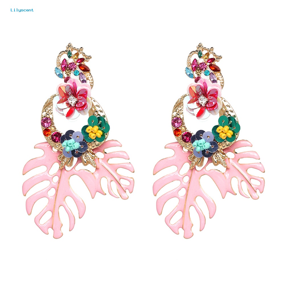 Lilyscent Vintage Wanita Daun Bunga Warna-Warni Sequin Beads Berlian Imitasi Statement Earrings