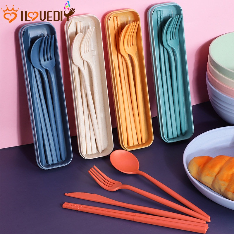 Sendok Sup Es Krim Easy-grip Portable Travel Piknik Alat Makan 4pcs Ramah Lingkungan Cutlery Set With Box Sumpit Mie Sushi Anti slip Garpu Kue Buah Ringan