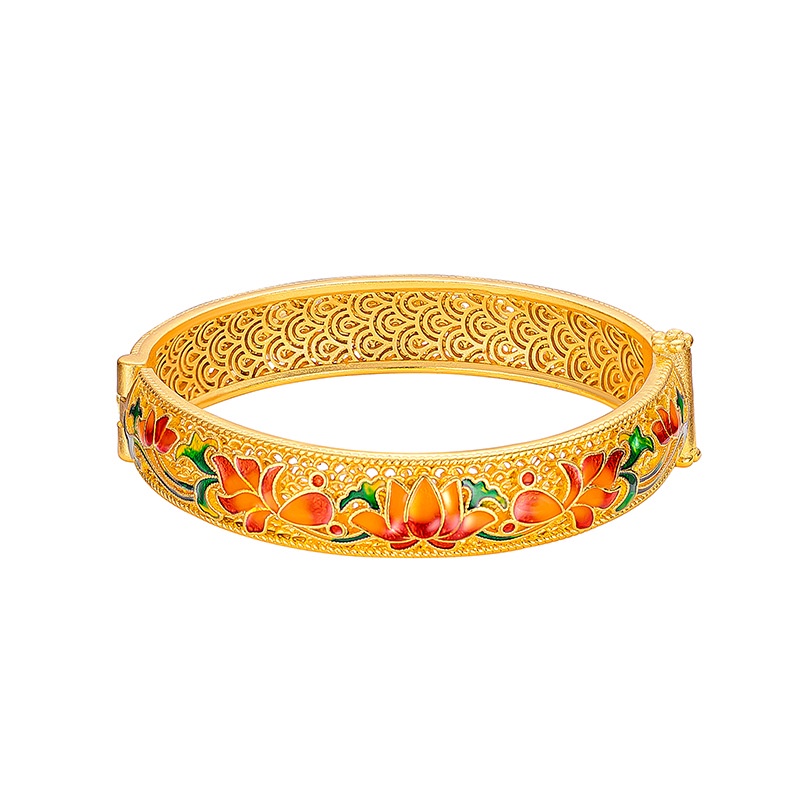 Goldkingdom Perhiasan Fashion 24K Bangkok Aksesoris Ready Stock Istana Gesper Lotus Besar Gelang Wanita Gosong Enamel Biru Retro Berlapis Emas Gaya Etnik Gelang