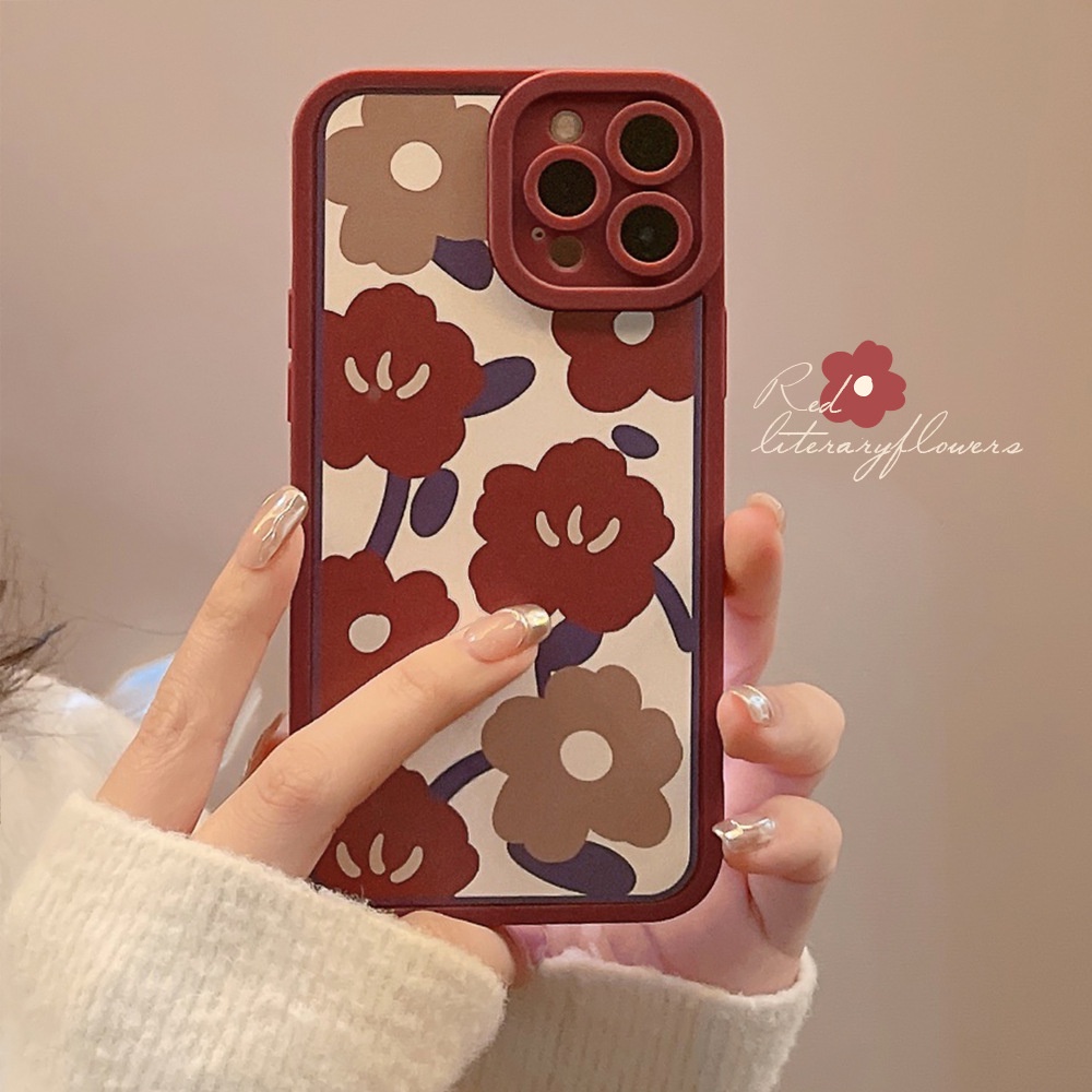 IPHONE [Mata Kucing] Soft Case TPU Anti Slip Untuk Iphone7Plus8 Plus X XS XR XS Max11 13 12 14 PRO Max 14 Plus Ins Fashion Wanita Anggur Bunga Merah