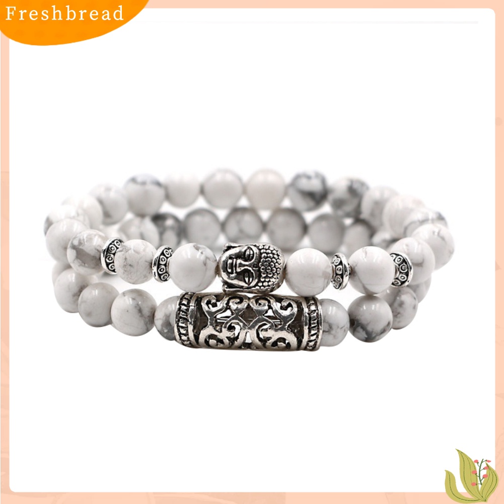 &lt; Freshbread &gt; Fashion 2 Pcs Batu Alam Yoga Perhiasan Unisex Buddha Kepala Manik-Manik Gelang Set