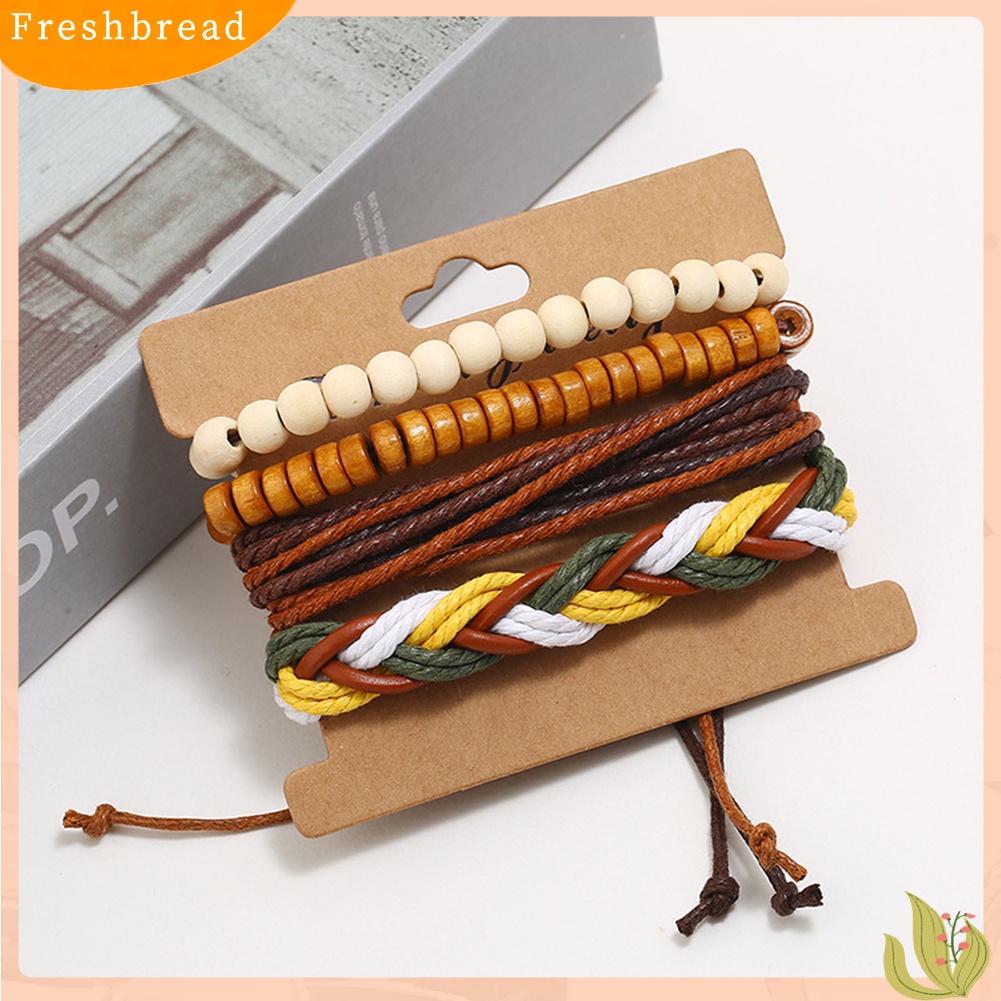 &lt; Freshbread &gt; 4Pcs/Set Vintage Wanita Manik-Manik Kayu Kulit Imitasi Menenun Gelang Bangle Hadiah