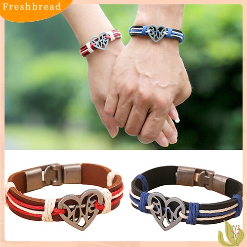 &lt; Freshbread &gt; Pasangan Kekasih Berongga Cinta Hati Rajutan Kulit Bangle Alloy Cuff Buckle Bracelet