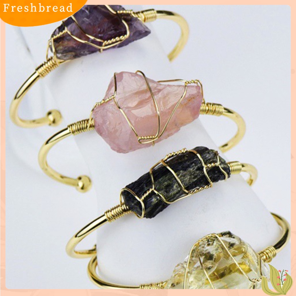 &lt; Freshbread &gt; Wanita Gelang Kawat Bungkus Batu Alam Paduan Tidak Teratur Batu Pembukaan Adjustable Bangle Perhiasan Hadiah