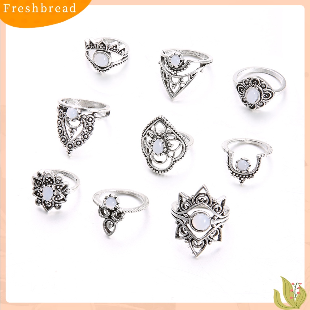 &lt; Freshbread &gt; 9Pcs/Set Retro Wanita Berongga Bunga Faux Gemstone Knuckle Midi Susun Rings Set