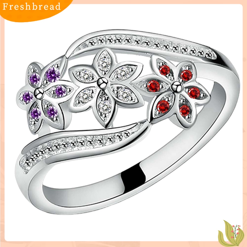 &lt; Freshbread &gt; Cincin Perak Berlapis Desain Bunga Cubic Zirconia Hias Shiny Fashion Women Ring Untuk Pernikahan