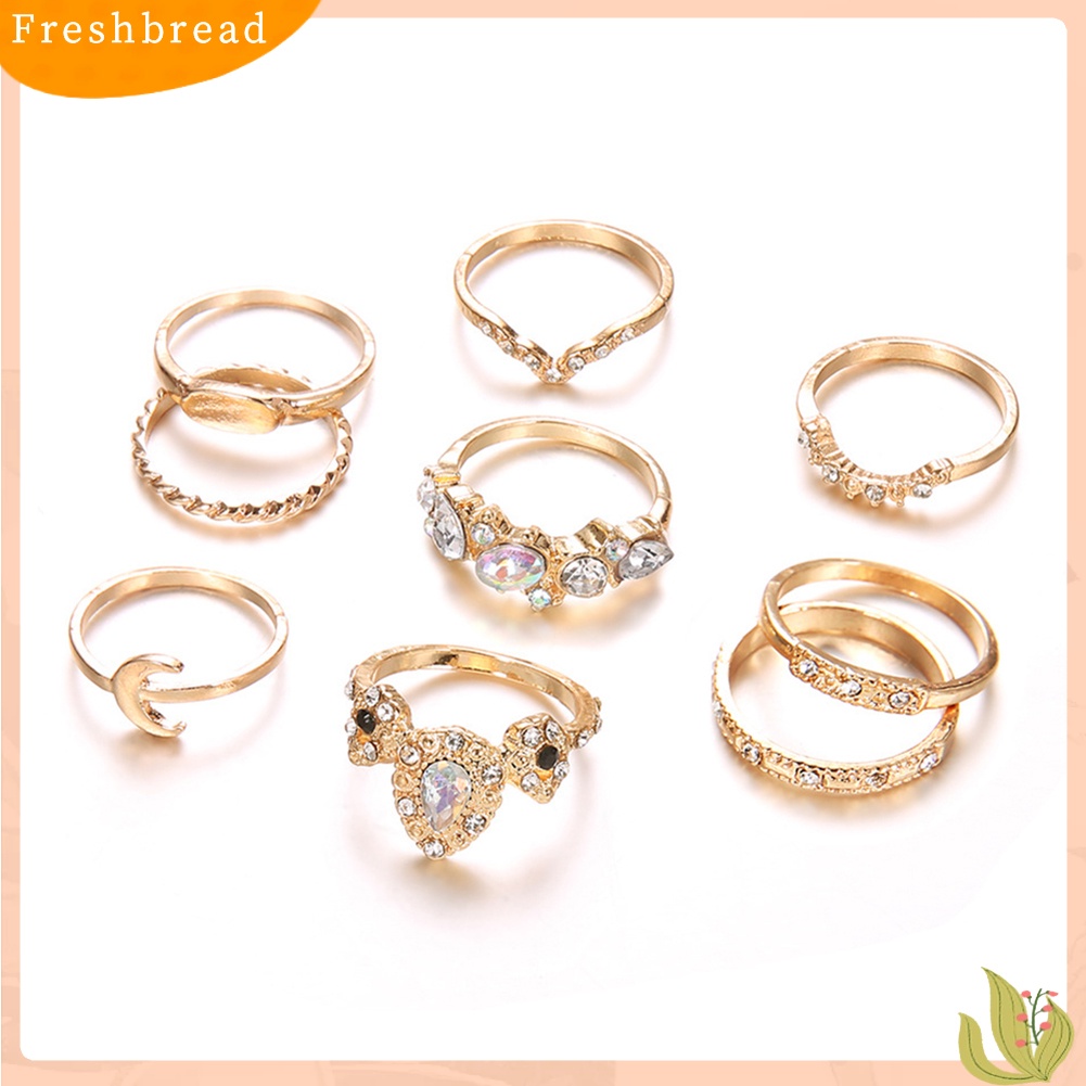 &lt; Freshbread &gt; 9Pcs/Set Bohemian Wanita Mahkota Bulan Berlian Imitasi Knuckle Midi Finger Ring Jewelry