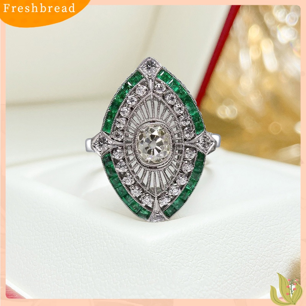 &lt; Freshbread &gt; Wanita Cincin Berlian Imitasi Mengkilap Hias Two-tone Geometri Electroplating Art Deco Hadiah Natural Emerald Faux Gemstone Engagement Wedding Ring Untuk Anniversary