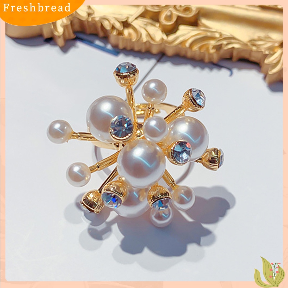 &lt; Freshbread &gt; Bentuk Snowflake Mutiara Imitasi Hias Berlian Imitasi Wanita Terbuka Cincin Jari Perhiasan