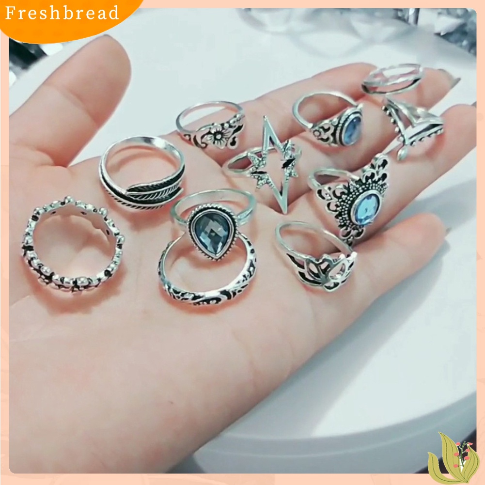 &lt; Freshbread &gt; 11 Pcs Wanita Retro Berongga Berlian Imitasi Knuckle Midi Ujung Jari Susun Cincin Bersama