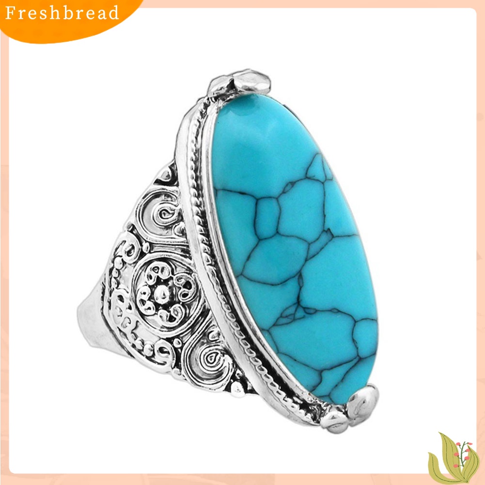 &lt; Freshbread &gt; Wanita Boho Vintage Oval Pirus Antik Perak Disepuh Ukir Cincin Perhiasan