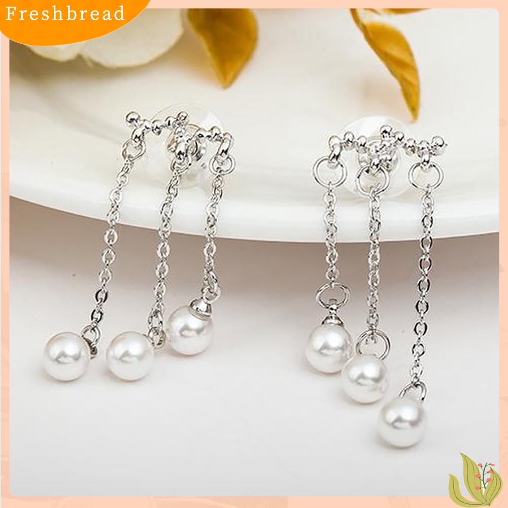 &lt; Freshbread &gt; Pesta Elegan Wanita Triple Rumbai Mutiara Imitasi Menjuntai Panjang Stud Earrings Jewelry