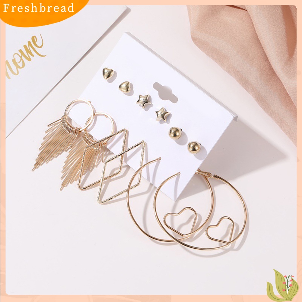 < Freshbread > 6pasang Wanita Mutiara Imitasi Bulat Geometris Menjuntai Ear Stud Hoop Earrings Jewelry