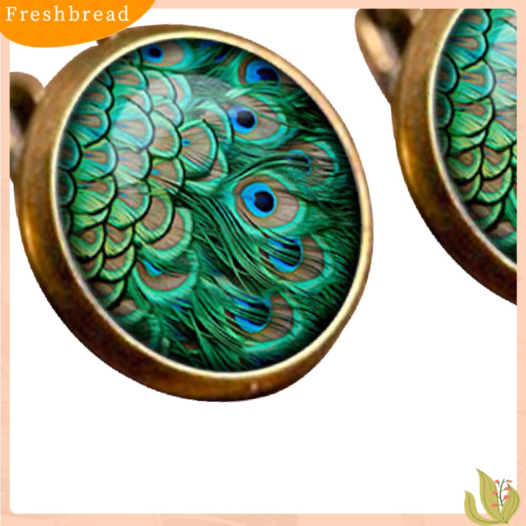 &lt; Freshbread &gt; 1pasang Anting Kaca Cabochon Menjuntai Motif Merak 2warna Anting Leaverback Vintage Untuk Hadiah