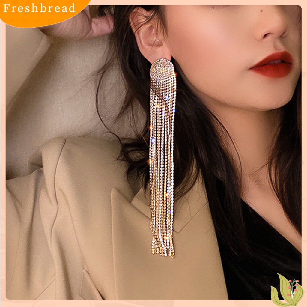 &lt; Freshbread &gt; Panjang Penuh Berlian Imitasi Rumbai Anting Paduan Mengkilap Wanita Menjuntai Anting-Anting Perhiasan Aksesoris