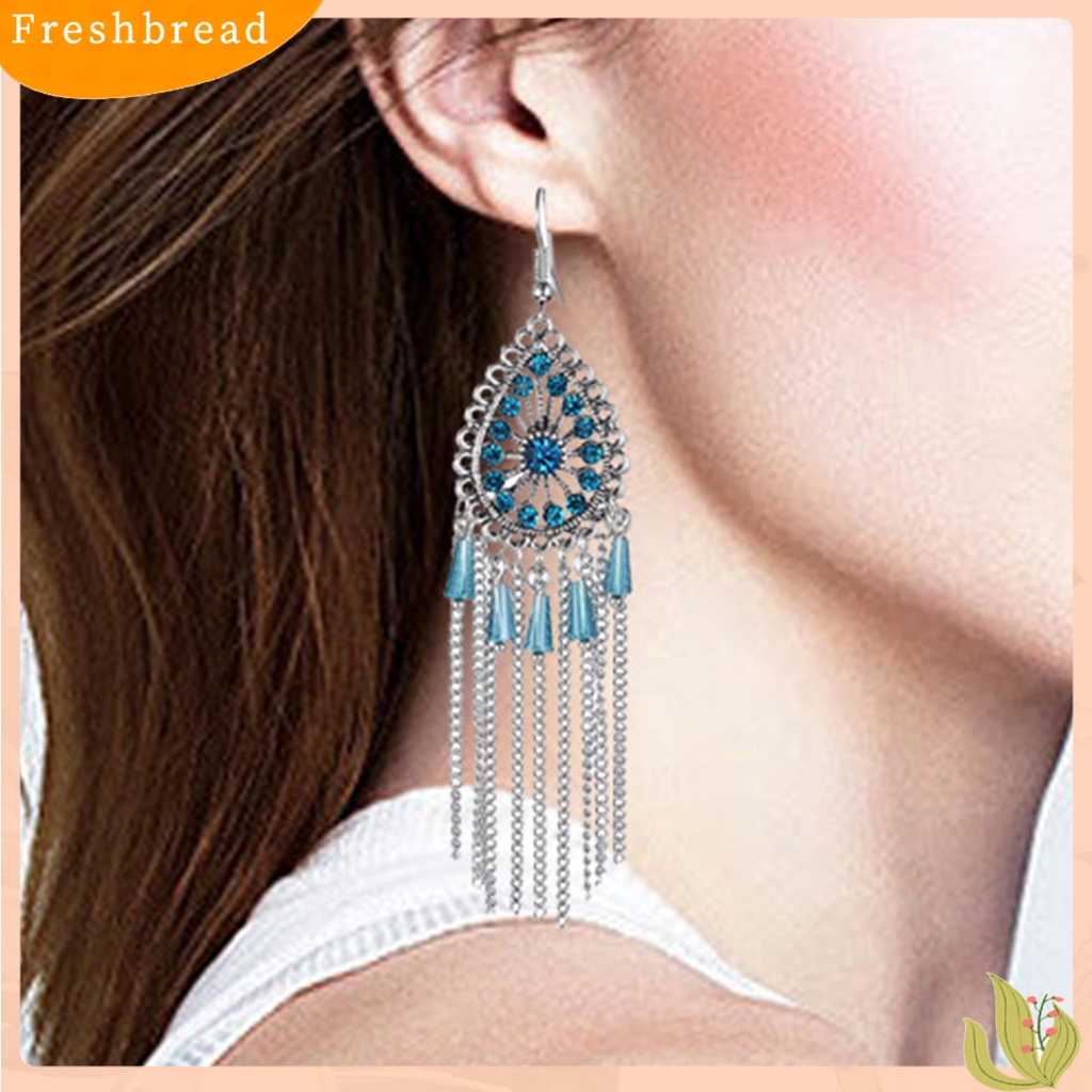 &lt; Freshbread &gt; 1pasang Anting Wanita Bentuk Tetesan Air Rumbai Berlian Imitasi Vintage Drop Earrings Untuk Pakaian Sehari-Hari