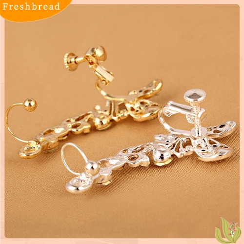 &lt; Freshbread &gt; Retro Faux Crystal Butterfly Flower Ear Cuff Stud Earring Clip on Untuk Telinga Kanan