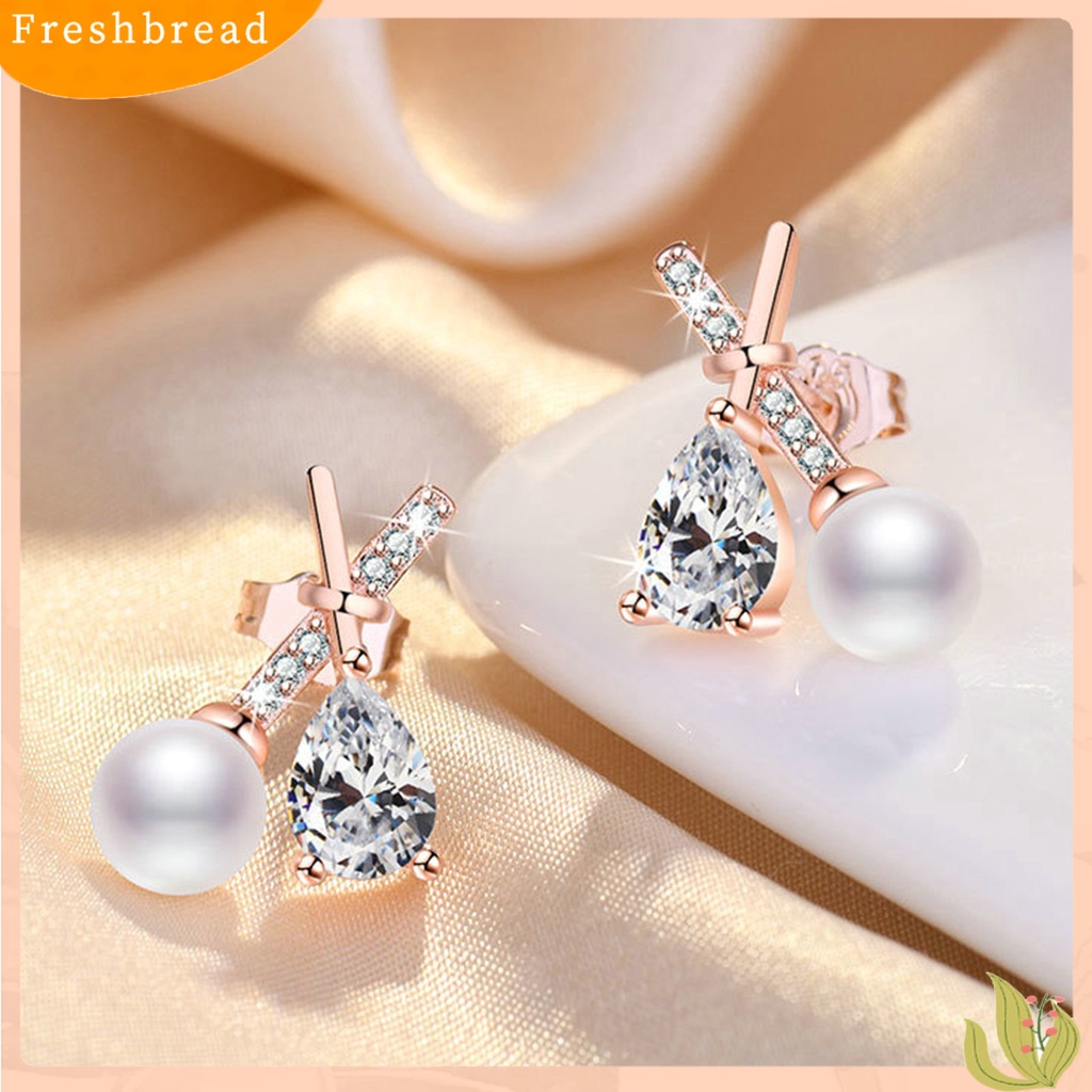 &lt; Freshbread &gt; 1pasang Ear Studs X Shaped Shining French Style Rhinestone Hias Dekorasi High Gloss Tidak Teratur Faux Zircon Pearl Women Earrings Untuk Pesta