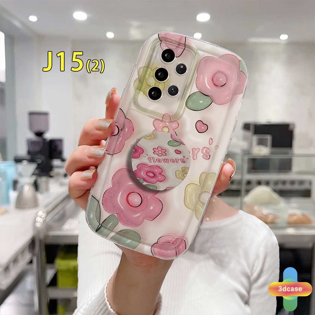 Casing Samsung A22 A52 A13 A14 A32 A12 A03 A04 A04S A03S A23 A50 A02S A20 A50S A30S A52S A30 M12 M22 M32 A125 A13 Lie A14 LTE A037F F12 M04 M10S M02S A025 A205 A305 F02S Y22S Y20I Y12S Y17 Y15 Ins Pink Flowers Shockproof Full Soap Cover With Stand