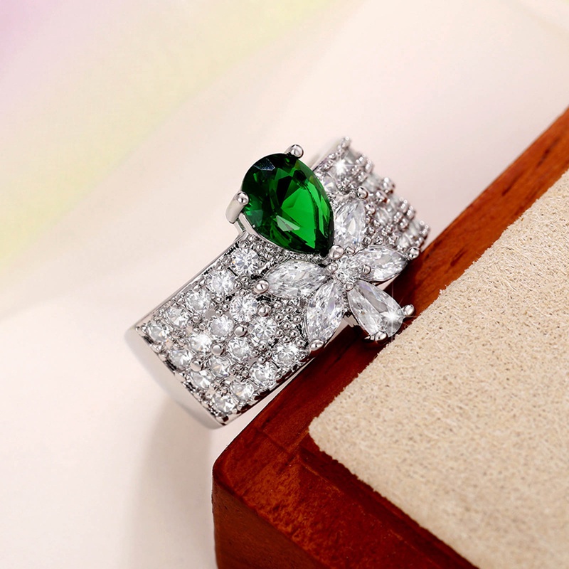 Vintage Green Cubic Zirconia Ring Temperamen Cincin Jari Bunga Manis Untuk Wanitapestahadiah Anniversary