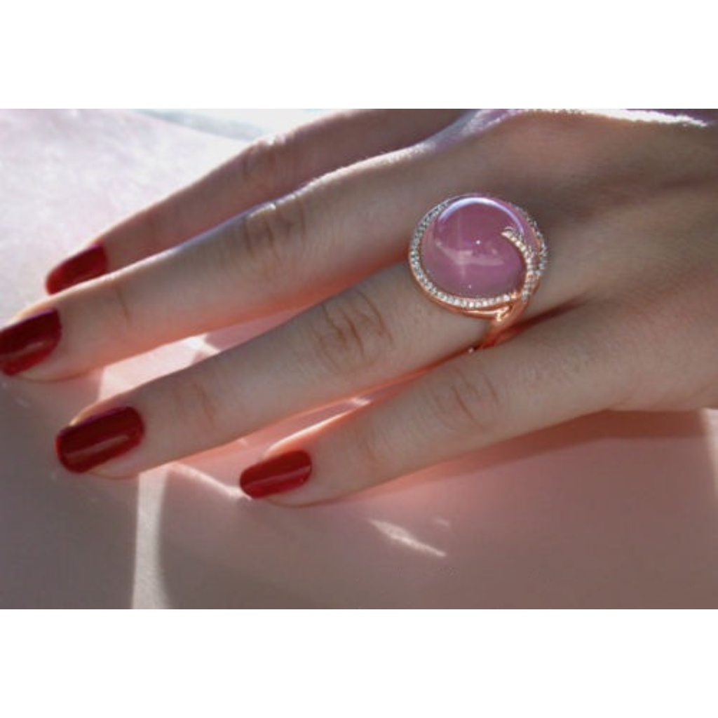 Goldkingdom Aksesoris Perhiasan Fashion Ready Stock Cincin Berlian Batu Bulan Kristal Merah Muda Kreatif Rose Gold Ring