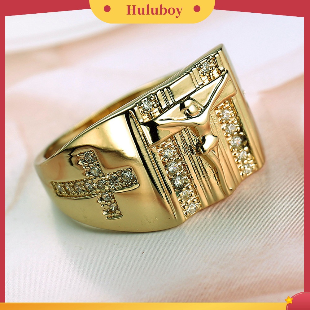 {Ready Stock} Chic Salib Yesus Ukir Cubic Zirconia Bertatahkan Cincin Unisex Perhiasan Pernikahan Hadiah