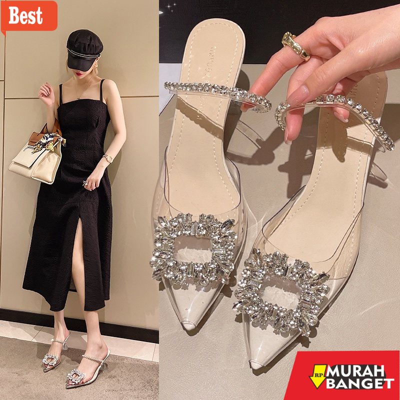Sendal wanita buat lebaran- Sepatu Hak Tinggi Sandal Mules Wanita Transparan Terbaru Premium Murah K