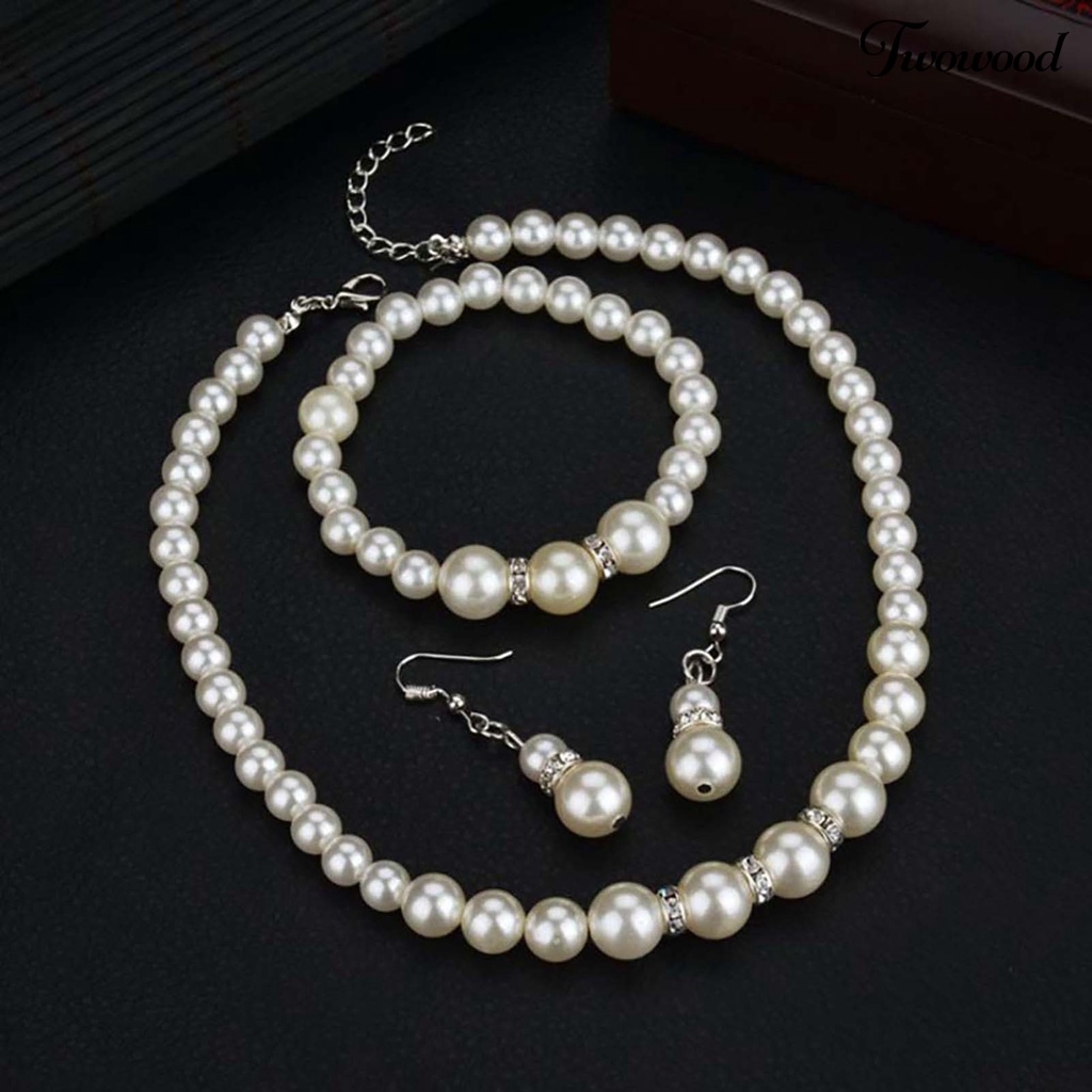 Twowood 3Pcs Elegan Wanita Mutiara Imitasi Kalung Kait Anting Gelang Hadiah Perhiasan Pernikahan