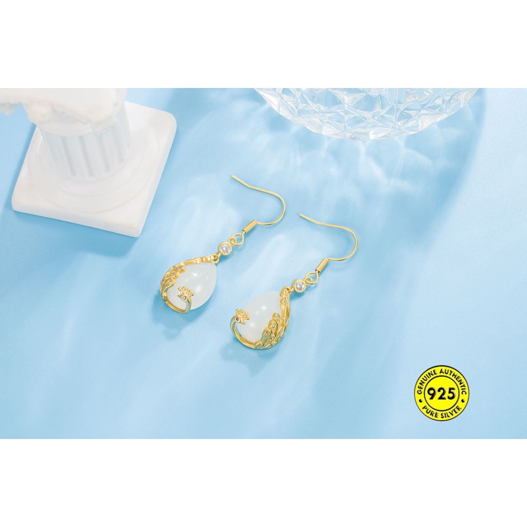 Anting Giok Hetian Merak Retro Pengadilan Gaya China Lama Tidak Luntur U1225
