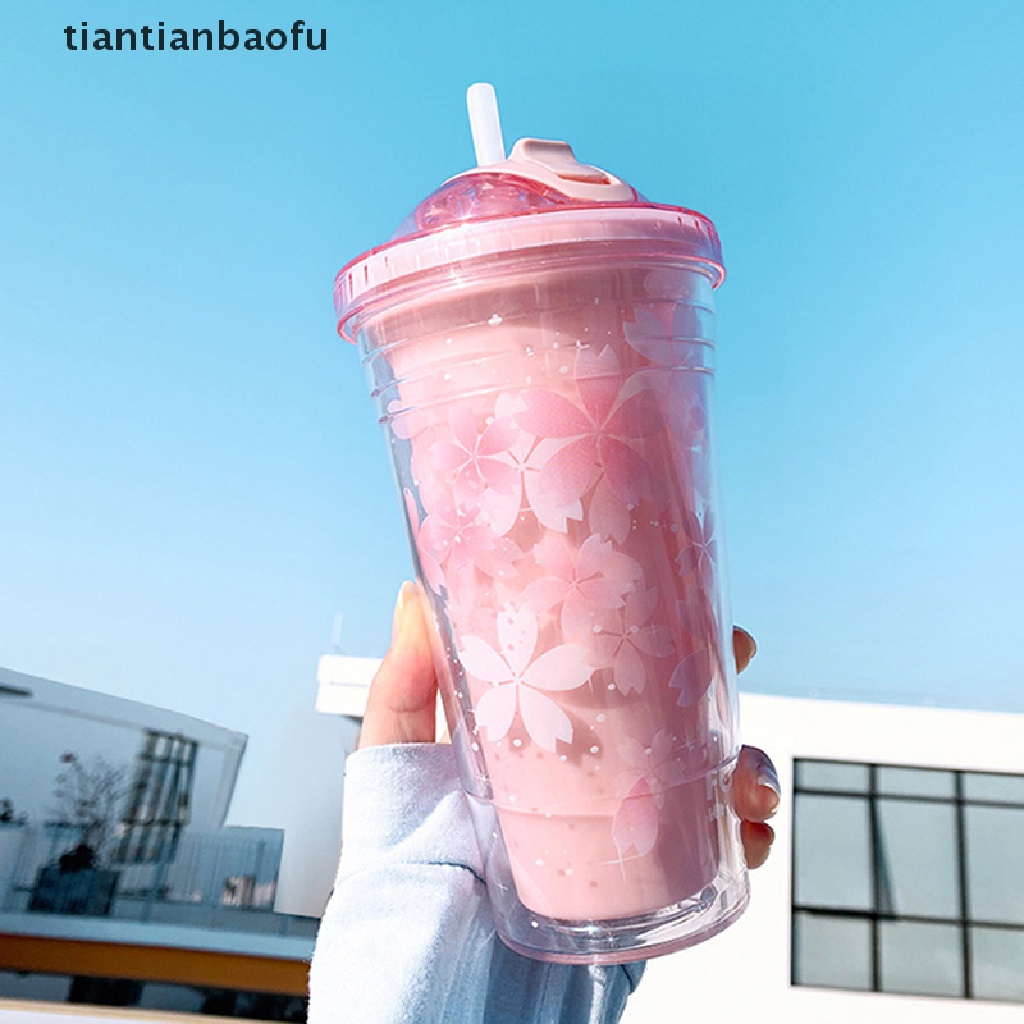 [tiantianbaofu] Gelas Plastik Sakura 480ml Dengan Sedotan Dan Tutup BPA Free Double Wall Dewasa Botol Air Minum Tea Cup Kawai Rumah Kantor Hadiah Butik