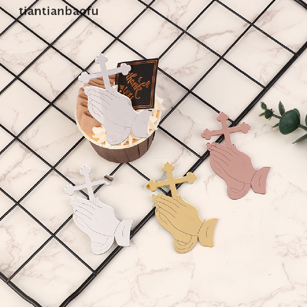 [tiantianbaofu] 5 Pcs Mirror Acrylic Cross Cupcake Topper Baptisan Perlengkapan Dekorasi Kue Butik