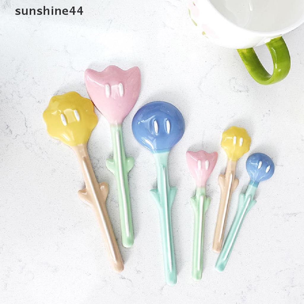 Sunshine 1Pc Sendok Keramik Bentuk Tulip 3D Bunga Sendok Kopi Sarapan Dessert Spoon ID