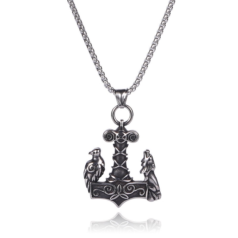 [X C Kalung] Baru Silvery Vintage Viking Logo Thor Palu Gagak Dan Serigala Liontin Punk Hip Hop Stainless Steel Kalung Hadiah Pesta Ulang Tahun Untuk Pria Dan Wanita