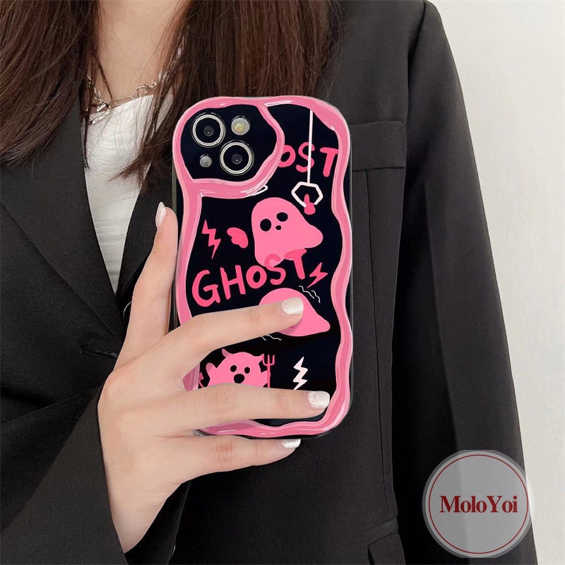 Case Pink Hantu Lucu Kompatibel Untuk IPhone 7Plus XR 11 8 6s 6 7Plus 13 12 14 Pro Max X XS Max SE 2020 3D Wavy Curved Edge Soft Tpu Glossy Shockproof Phone Cover