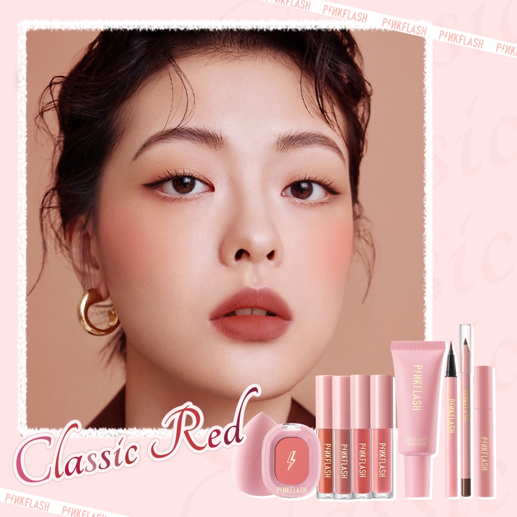 PINKFLASH Makeup Beauty 10pcs/Set Classic Red Whole Facial Set Include Lipstick Blush Lipgloss Beauty Sponge Matte Liquid Lipstick Foundation Eyeliner Eyebrow Pencil