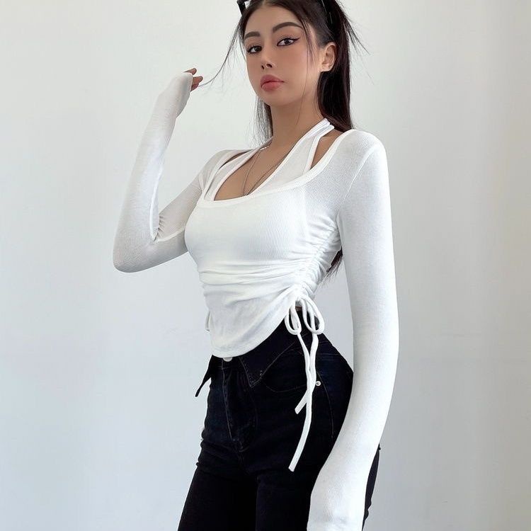 Red LRUPPG Hati-hati Mesin Keinginan Murni Gadis Panas Menggantung Leher Lengan Panjang T-shirt Wanita Slim Pendek Kemeja Dua Potong top