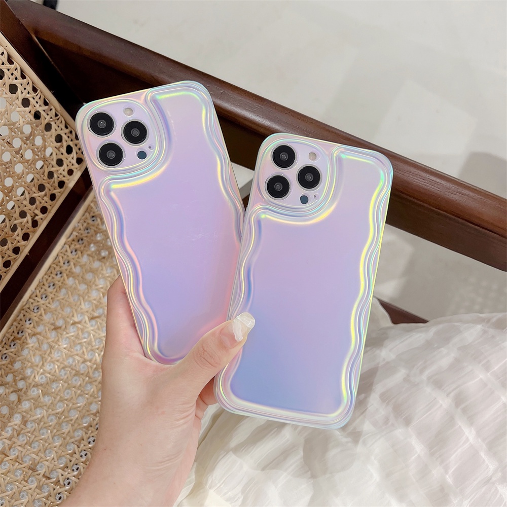 IPHONE Wavy Air Cushion Frame Laser Phone Case Untuk Iphone11 12 13 Pro Max X XS Max XR Perlindungan Lensa Silikon Lembut Shockproof Cover