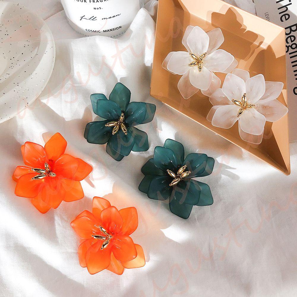 Agustinina Studs Earrings Pesta Liburan Temperamen Manis Warna Orange Putih Hijau Resin Akrilik Kepribadian Kelopak Hadiah Untuk Wanita Perempuan 1pasang Perhiasan