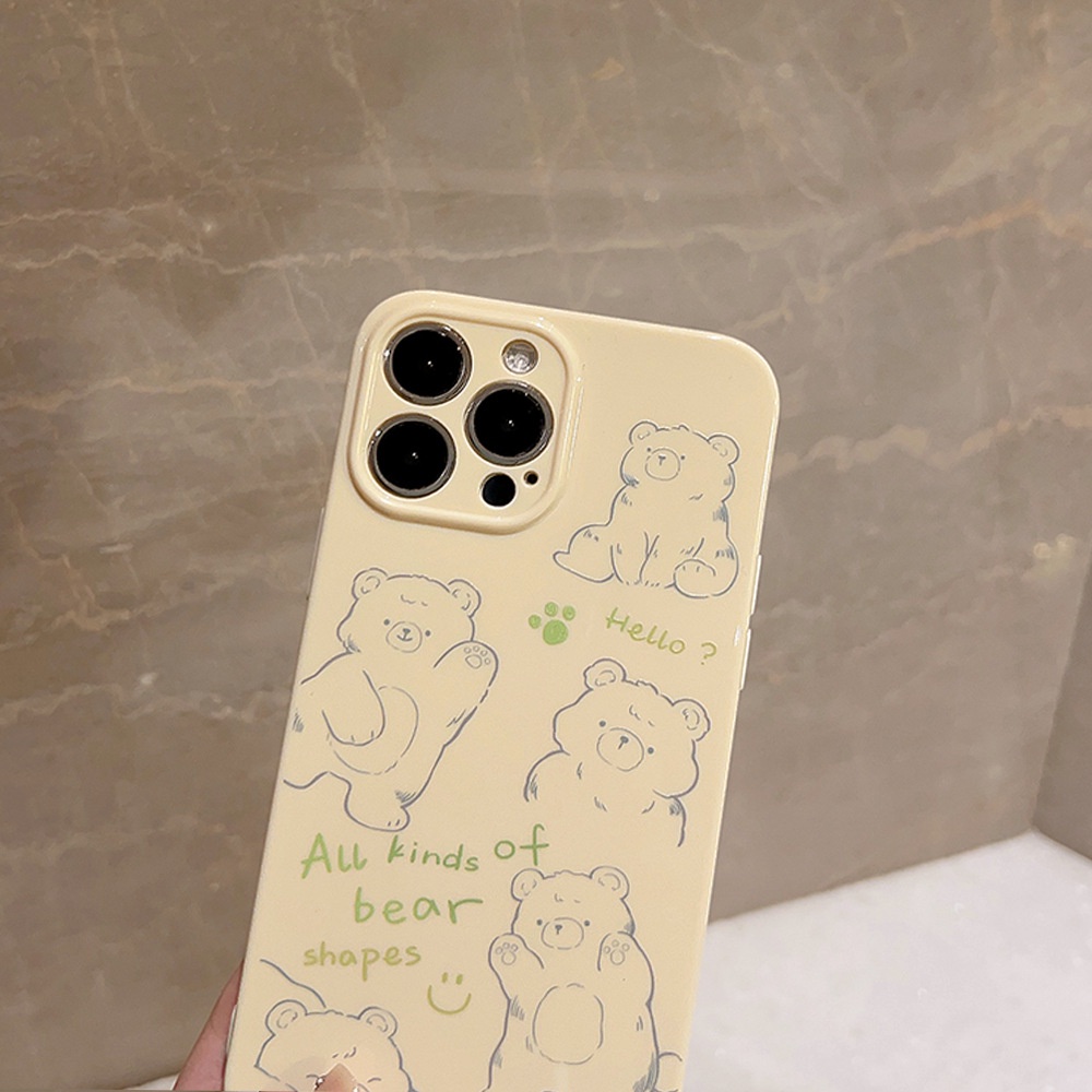 IPHONE Cute Doodle Dancing Bear Kartun Cream Kuning Perlindungan Penuh Casing Ponsel Cover Untuk Iphone11 12 13 14 PLUS PRO MAX