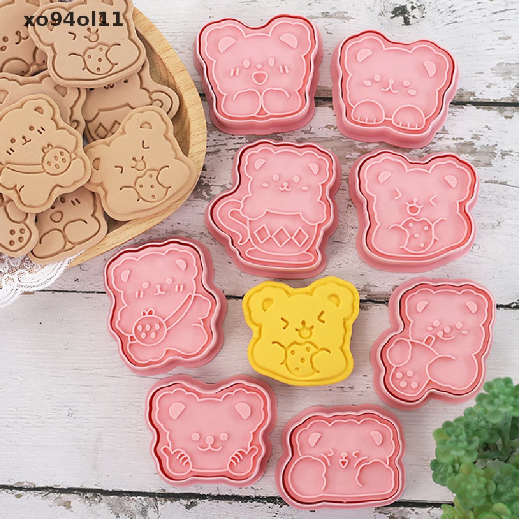 Xo 8PCS Pemotong Kue Kering Bentuk Beruang Plastik 3D Cookie Stamp Biskuit Pressable Mold OL