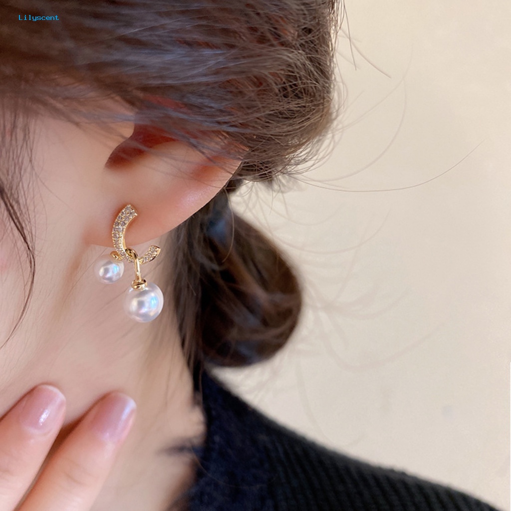 Lilyscent 1pasang Padat Wanita Anting Fashion Perhiasan Mempesona Berlian Imitasi Stud Earrings Dual Faux Pearls