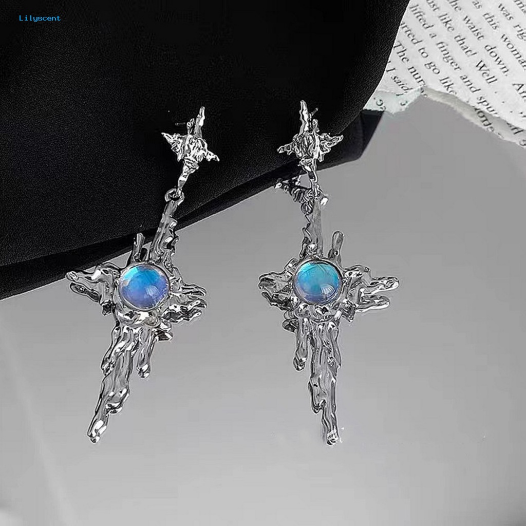 Lilyscent 1pasang Hadiah Menjuntai Anting-Anting Aksesori Fashion Wanita Gadis Salib Faux Moonstone Menjuntai Earrings Perhiasan Logam Cair