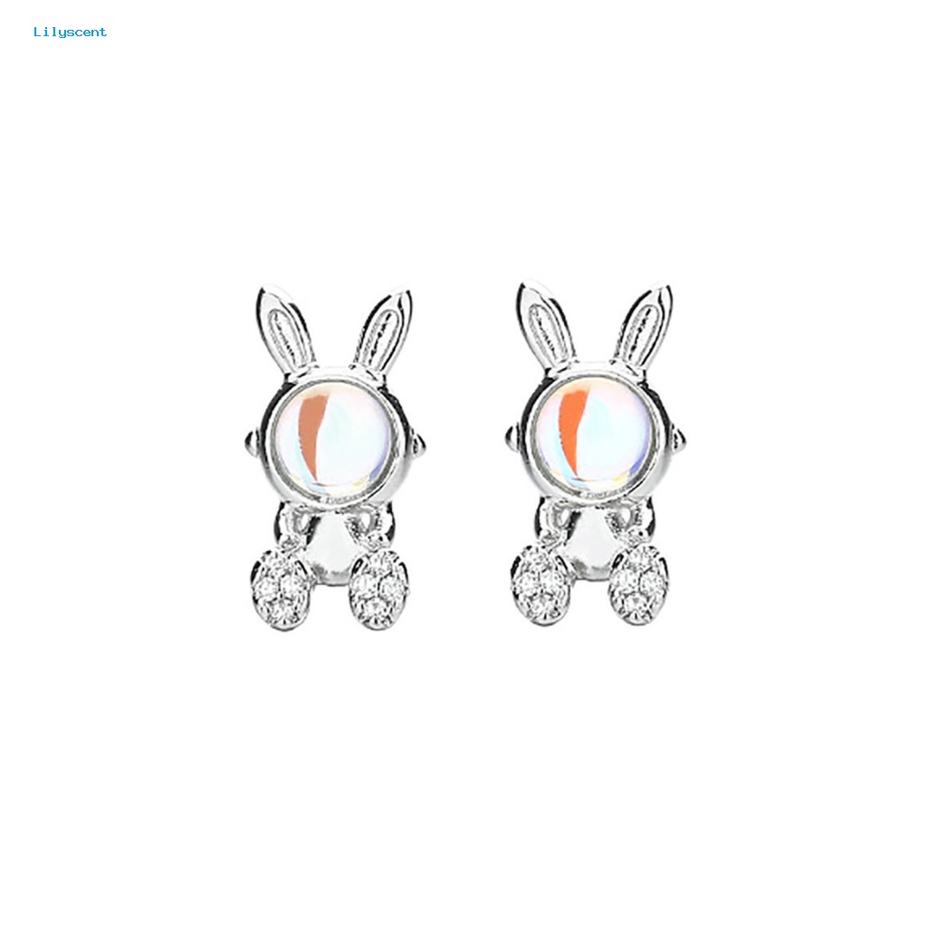 Lilyscent 1pasang Giwang Telinga Tembaga Perhiasan Aksesoris Berlian Imitasi Hias Kelinci Bunny Ear Studs Warna Silver