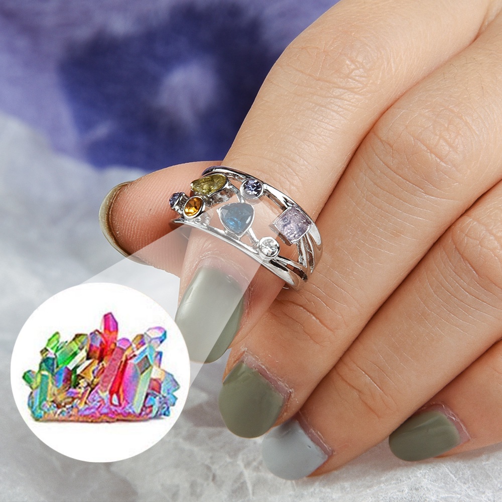 Cincin Quartz Kristal Halus Cincin Terapi Kristal Wanita Untuk Menurunkan Berat Badan Getah Bening Trendi Desain Berongga Zirkonia Warna-Warni Bertatahkan Cincin Fashion Unik