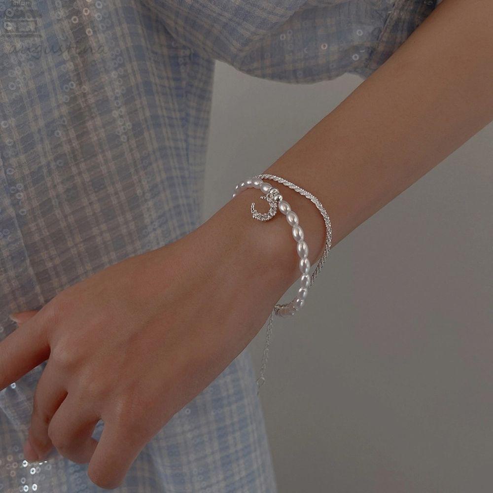 Agustina Wanita Gelang Lucu Unik Perhiasan Hadiah Kepribadian Bulan Liontin Tembaga Mutiara Tangan Rings