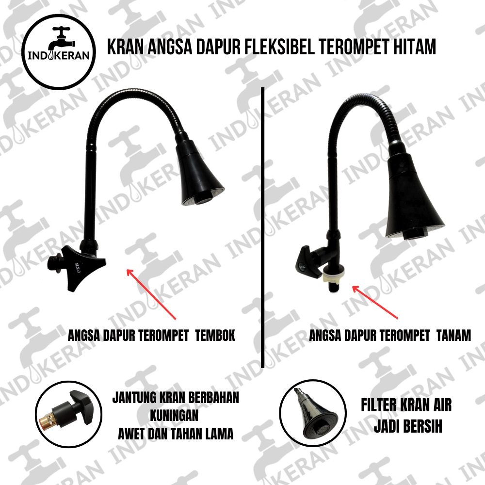 INDOKERAN - Kran Angsa Dapur Fleksibel Terompet Hitam Black