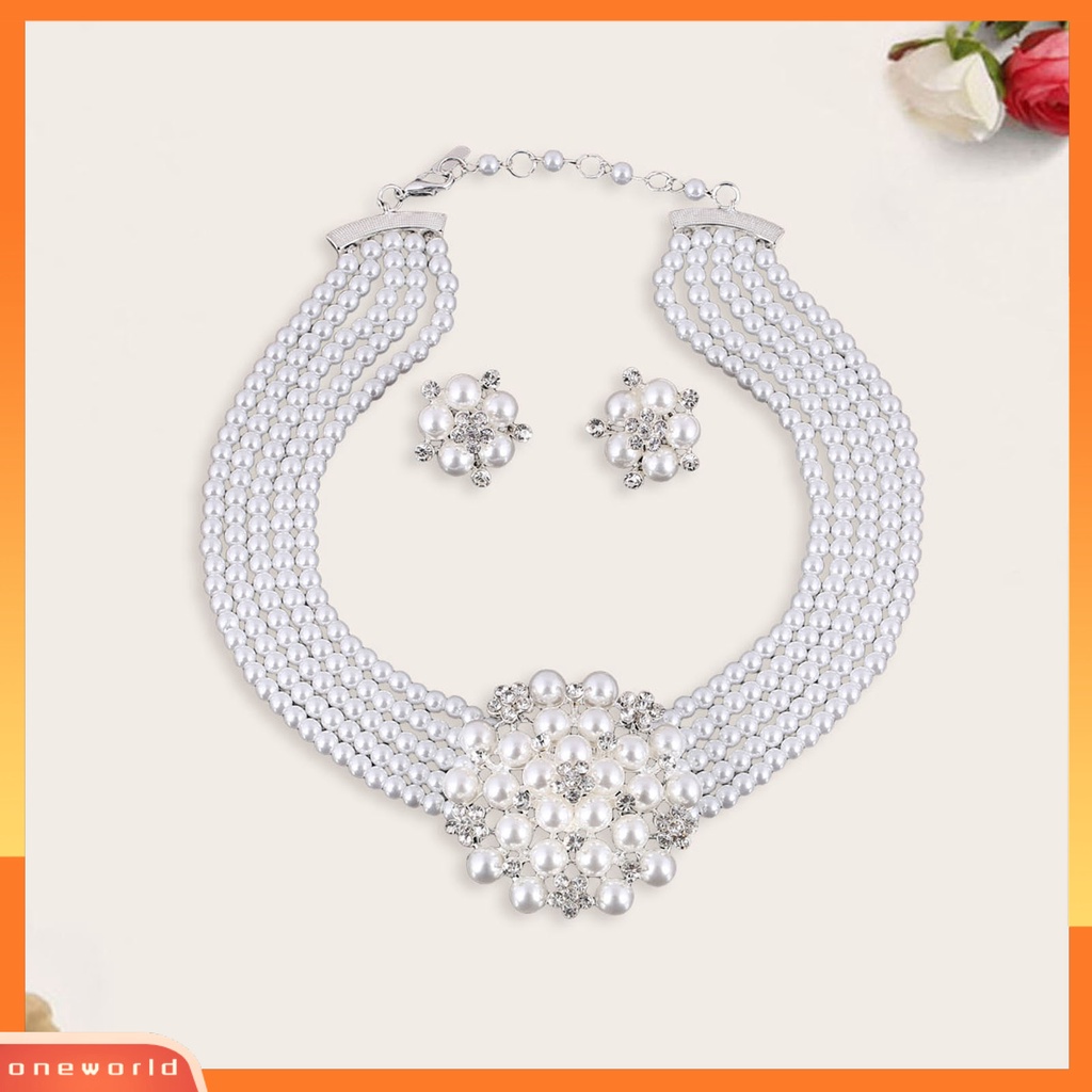 [ONE] 1set Kalung Anting Set High Gloss Mengkilap Terang Kilau Diikat Manik-Manik Mutiara Imitasi Bunga Pernikahan Pengantin Kalung Anting Perhiasan Hadiah