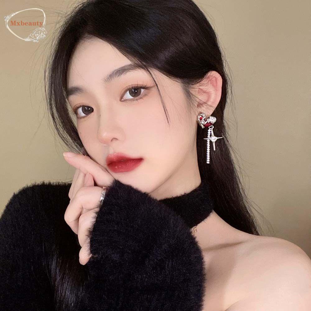 Mxbeauty Cinta Hati Anting Kepribadian Elegan Wanita Hadiah Lava Merah Berlian Imitasi Salib Menjuntai Anting-Anting