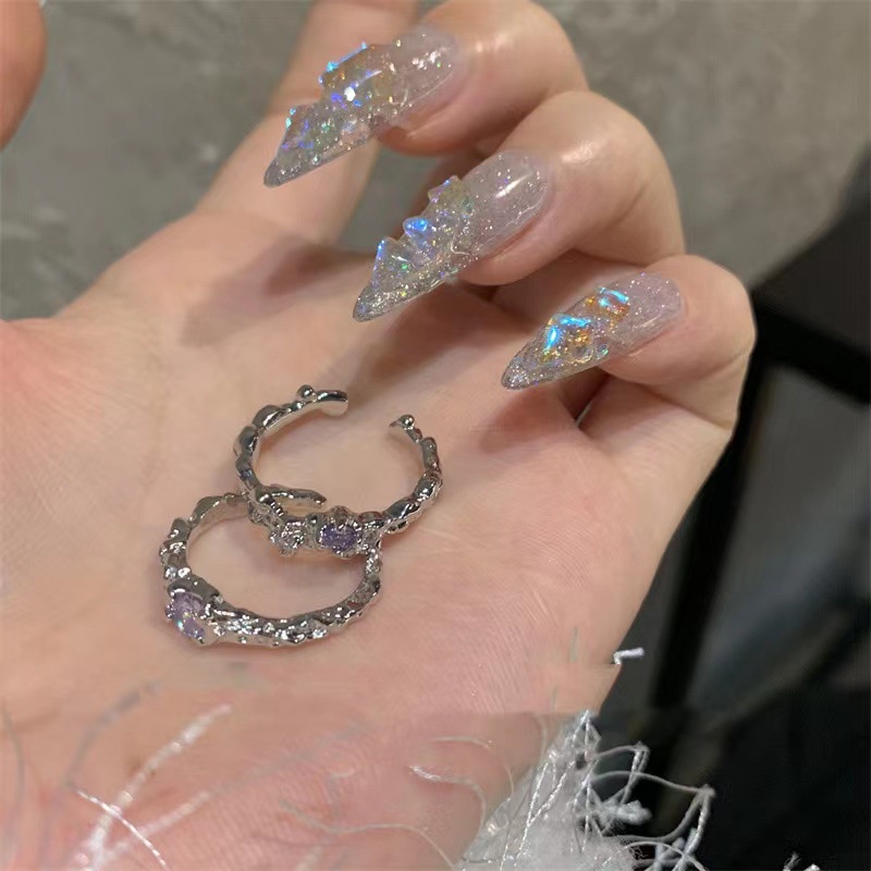 2pcs/set Cincin Kristal Ungu Set Fashion Zirkon Pembukaan Cincin Perak Untuk Aksesoris Perhiasan Wanita