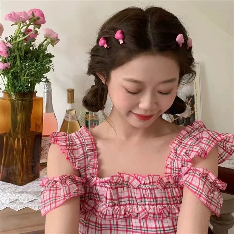 6 Pcs Versi Korea Merah Muda Cinta Jepit Rambut Gadis Manis Jantung Dikepang Aksesoris Rambut Poni Kecil Klip Sisi Jepit Rambut